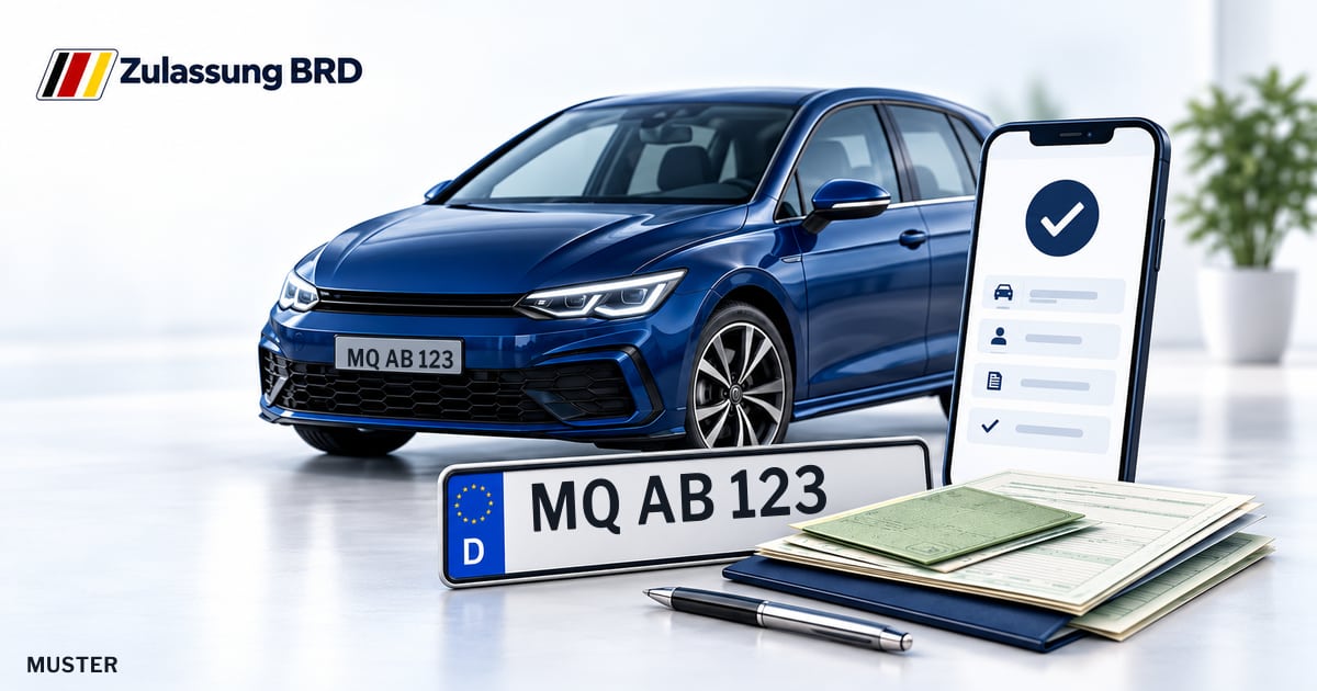 Online Fahrzeugzulassung in Braunsbedra: Musterkennzeichen MQ AB 123, Auto und Fahrzeugpapiere und Smartphone. Illustration mit Logo von Zulassung BRD.
